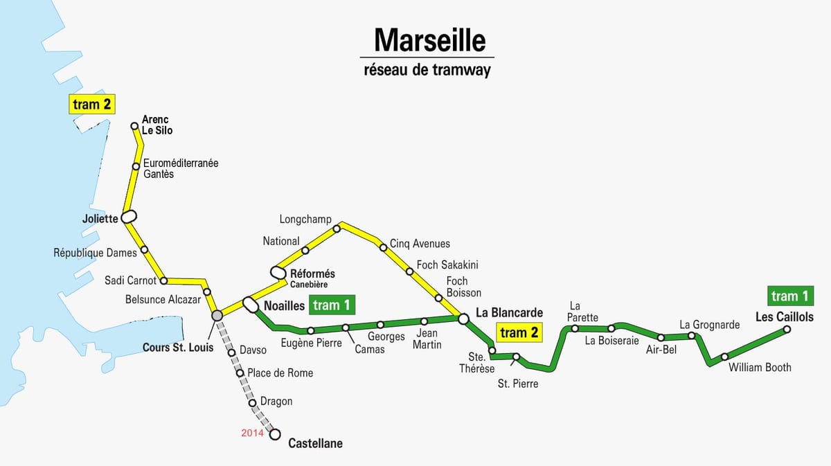 地図マルセイユの路面電車